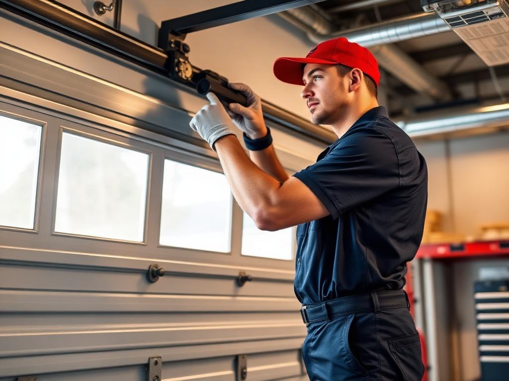 Professional garage door technician performing repair service in Avalon